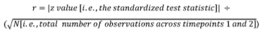 Image of equation used to calculate Pearson's correlation (r) as a measure of effect to the Wilcoxon test.